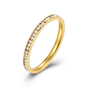 Cross-border hot-selling 2mm full diamond titanium steel ring for women, plated with 18K gold, light luxury stacked pinky ring, - Product Image 1