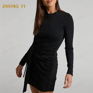 OEM Tùy Chỉnh Mùa Thu Quần Áo Mỏng Phù Hợp Với Đàn Hồi Thời Trang Phụ Nữ Bọc Phía Trước Dài Tay Áo Bodycon Màu Đen Nữ Giản Dị Mini Ngắn Dresses - Product Image 3