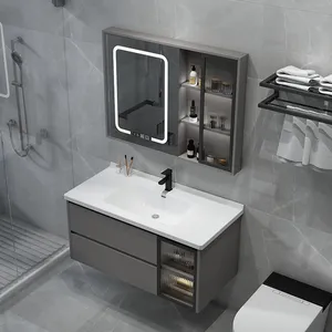 Meuble-lavabo mural moderne gris/blanc avec vasque simple, miroir LED tactile étanche et éclairé, nouveau design, pour salles de bain simples - Product Image 3