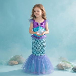 Disfraz de sirena con mangas con volantes para niños, vestido con estampado de escamas, cola de sirena, traje de princesa para niñas, disfraz de cosplay para cumpleaños, fiesta de Halloween - Product Image 1