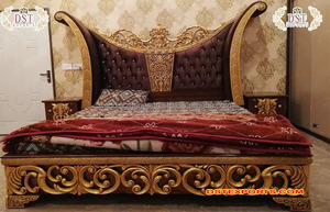 Cama Queen Size de Madera de Teca Vintage Moderna de Primera Calidad con Tallado Pesado y Acabado Dorado, Decoración de Hogar de Alta Calidad y Lujo - Product Image 2