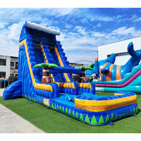 Tobogán Acuático Inflable de PVC Iridiscente Comercial con Piscina, Tobogán Acuático con Palmeras Tropicales para Niños y Adultos
