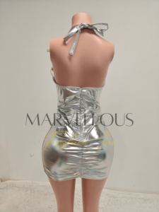 MF Vestidos Taille Empire Moulante Dos Ouvert Halter Fête D'anniversaire Rose Scintillant Sheer Strass Sans Manches Mini Robe De Club - Product Image 5