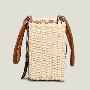 Ladies Summer Straw Bag Woven Handbag Rattan Basket Bucket Cross Body Beach Shoulder Bags With Scarves