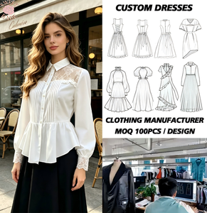 Blusa Blanca de Popelina para Mujer, con Botones, Capa Transparente de Encaje, Manga Larga, Diseño Clásico Plisado, Corte Regular - Product Image 1