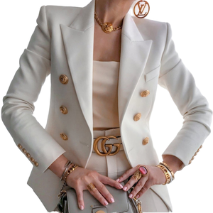 Blazer de costume pour femme, tissé, à franges, double boutonnage, couleur unie, décontracté, col en V, manches longues, veste classique - Product Image 3