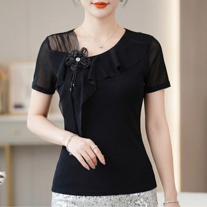 Summer New Women's Pullover Short-sleeved Top Western Style Oblique Collar Ruffled Handmade Flower Beads Tight Waist Slimming T - Product Image 4