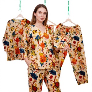 Handmade Indian Ultra Soft 100% Cotton Luxury <b>Pajama</b> Sets <b>Women</b> Elegant Floral Print V-neck Elastic Waist Quick Dry Breathable - Product Image 1