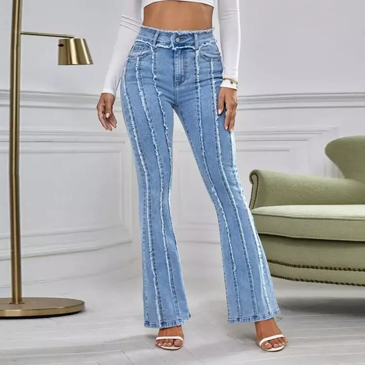 Women Fashion On Trend High Waist Light Wash Denim Blue Flared Jeans With Fray Lines