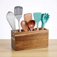 Boîte de rangement pour ustensiles de cuisine en bois d'acacia personnalisée, avec séparateur amovible, plateau de rangement en bois avec poignée