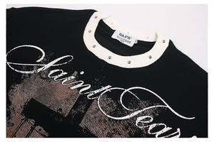 T-shirt Casual da Uomo in Cotone 100% da 280g Stampata con Stampa Waffle, Polsini a Costine e Rivetti, Stile Rock High Street Oversize - Vendita all'Ingrosso - Product Image 4