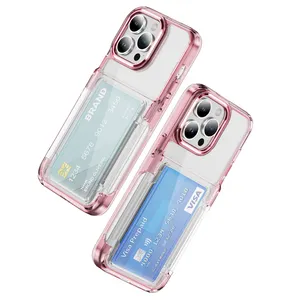 Personalizado shockproof acrílico transparente flip cover slot de cartão de crédito titular tpu cristal claro telefone caso com suporte para iPhone 15