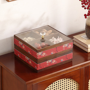 Caja de Madera Estilo Chino para Frutos Secos, Doble Capa, Cuatro Compartimentos, Bandeja Rectangular para Dulces y Bocadillos, Tipo Vertical, 1-3L - Product Image 1