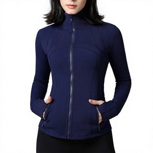 Veste de yoga à manches longues pour femmes, col montant, couleur unie, respirante, extensible, vêtements de fitness avec poches zippées - Product Image 1
