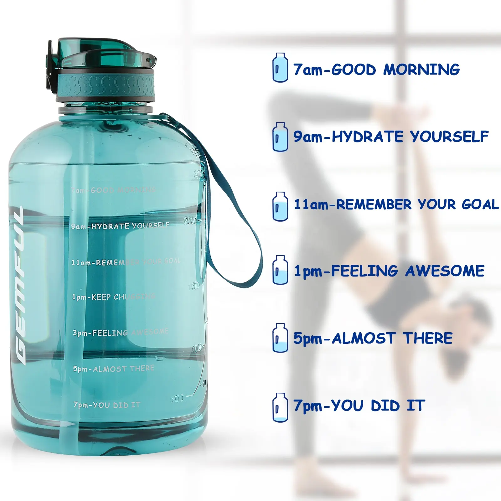 GEMFUL 3 Liter Motivational Water Bottle with Straw BPA Free Leakproof Gym Jug Handgrip for Fitness Sports Casual Style Adults
