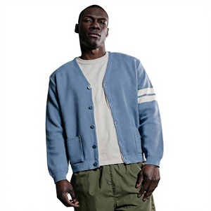 Cardigan en coton bleu pour homme, col en V, boutonnage frontal, couleur unie, manches longues, idéal pour l'automne, anti-boulochage, respirant, séchage rapide, coupe classique - Product Image 1