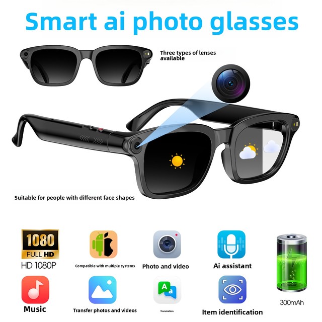 2026 AI Smart Glasses 1080P Hidden Camera Touch Control Wireless Music Playback Video Recording Real-Time Translation