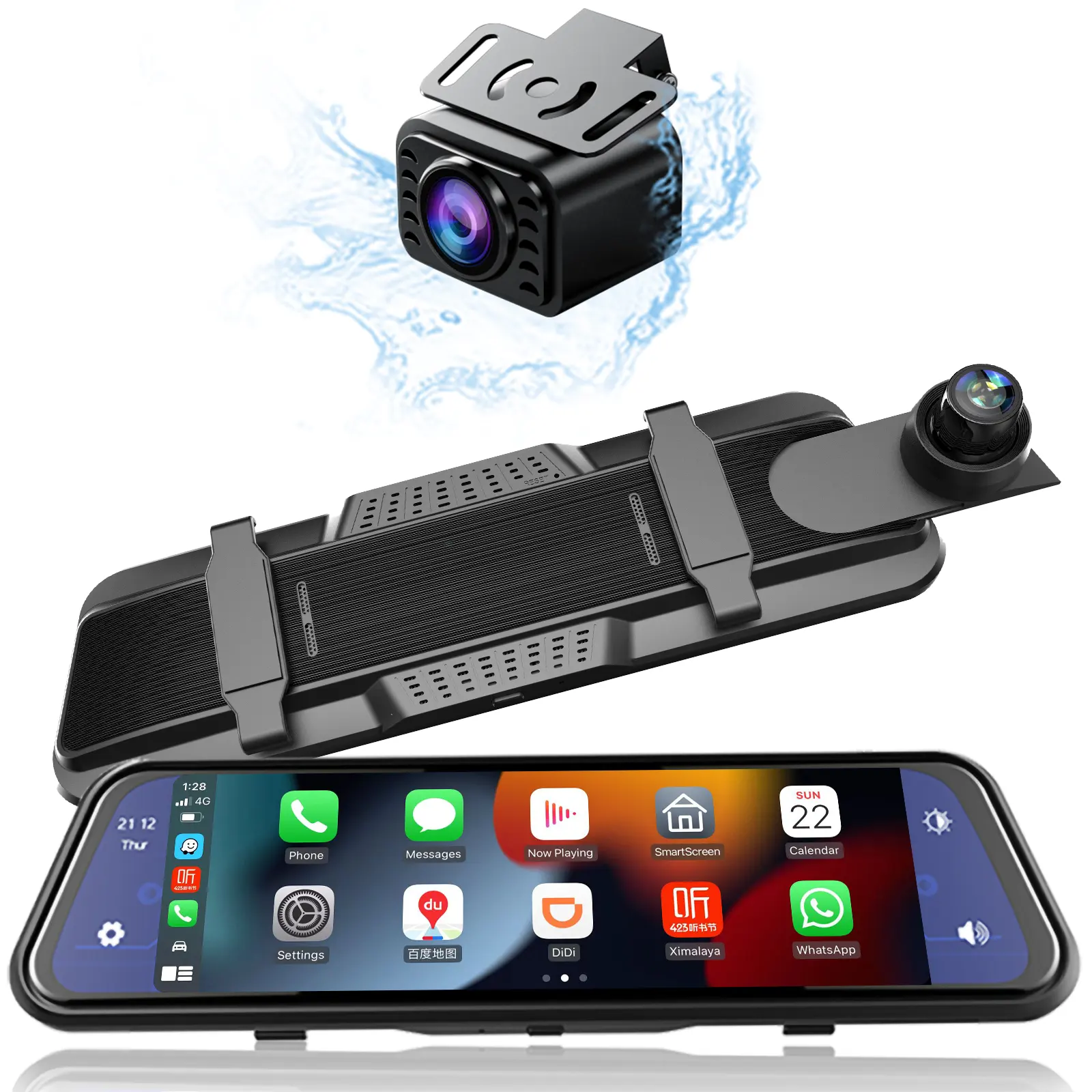 Wireless CarPlay & Wireless Android Auto, Dash Cam Front Mirror Dash Cam Rear View Mirror 9.66 inch Dash Cam DVR Camera