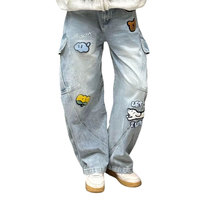 Jean Boyfriend Vintage Américain Taille Haute Grandes Poches Coupe Courbée Amincissante Ample Entrejambe Basse Délavage Moyen Décontracté Pantalon Long