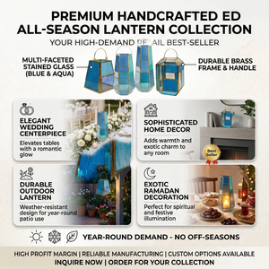 Farol de Vidrio Azul con Marco de Latón, Farol de Vidrio y Metal con Vidrio Teñido, Geométrico, para Decoración del Hogar y Bodas, Venta al Por Mayor - Product Image 3