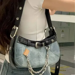Wholesale Custom Ladies Jeans Clutch Purse Minority texture chain design denim moon women shoulder handbags