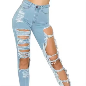 Oferta Caliente: Jeans Ajustados de Mujer de Alta Calidad a Bajo Precio, Casuales y Sexys, 100% Algodón, Lavado Ácido, Desgastados, de Talle Alto - Product Image 1