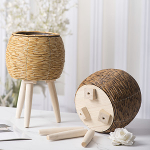 Rattan Woven Flower <b>Pot</b> Round Freestanding Desktop Plant <b>Stand</b> Large Size Decorative Storage Container - Product Image 4