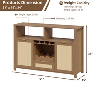 Armoire de bar à café et à vin multifonctionnelle écologique réglable en bois moderne de 51 pouces avec portes et tiroirs pour salle à manger