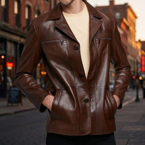 New Super Stylish Brown <b>Mens</b> Leather <b>Jacket</b> Stand Collar Fully Customized 100% Original Cow Skin Zipper Closure Plain Dyed - Product Image 3