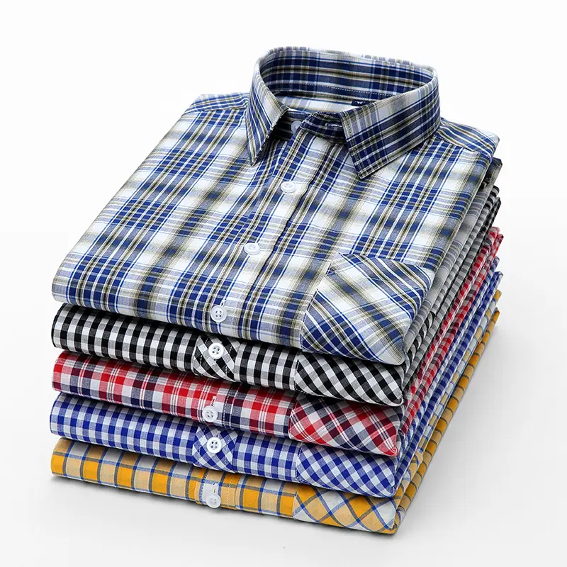 Mens Dress Shirt Soft 100% Cotton Smart Casual Slim-fit Plaid Shirt