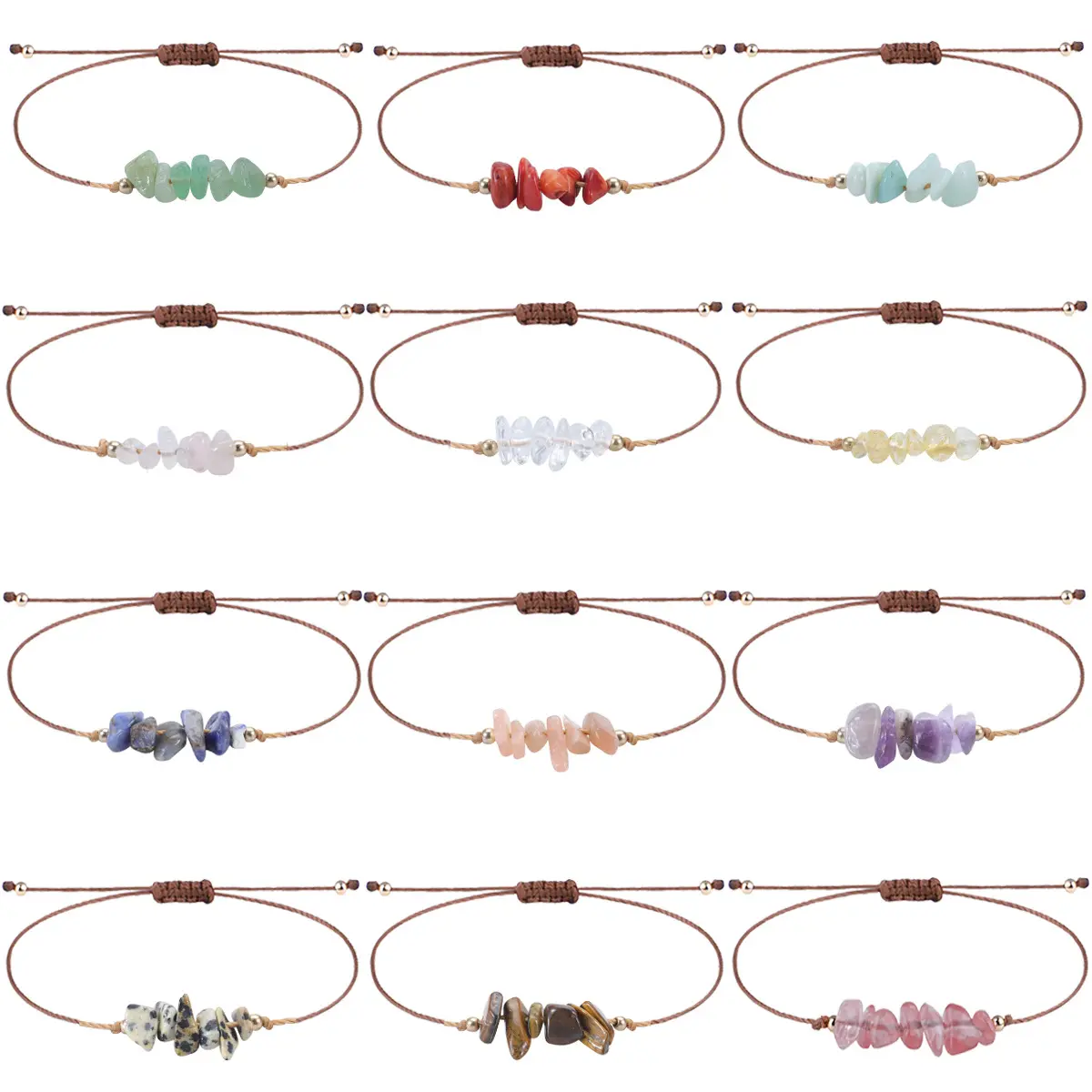 Wholesale Bohemian Irregular gravel natural stone woven adjustable crystal amethyst rose quartz bracelet anklets for women