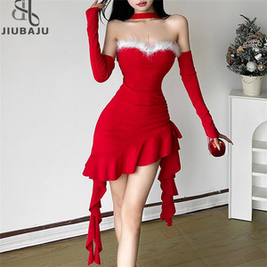 Abito Natalizio Rosso <span class=keywords><strong>Sexy</strong></span> da Donna con Volant Irregolari, Maniche Lunghe, Spalle Scoperte, Vestito Aderente per Feste - Product Image 1