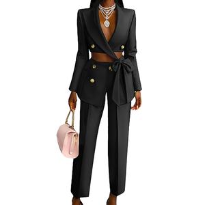 Frauen einfarbige Krawatte V-Ausschnitt Anzug Blazer Top Hose Casual Karriere 2-teiliges Set Sehe Fashion - Product Image 1