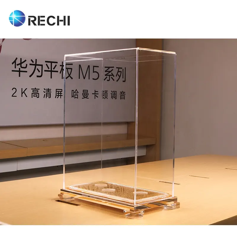 RECHI tasarım ve üretim şeffaf akrilik anti-toz ekran kapağı kutusu, akrilik buda heykeli vitrin altın tabanı ile