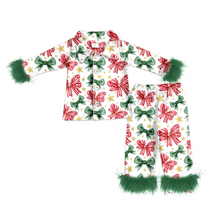 Précommande Bébé Filles Noël Vacances Vaches Bonbons Manches Longues À Volants Top Pantalon Fourrure Pyjamas Boutique Filles Lounge Wear Vêtements - Product Image 5