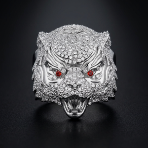 Anillo de cóctel de lujo con cabeza de lobo feroz de moissanita plateada, chapado en rodio negro, para fiestas, aventuras al aire libre y uso diario, venta al por mayor - Product Image 2
