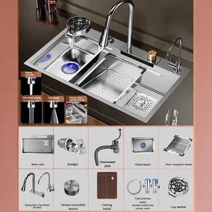 <span class=keywords><strong>Grifo</strong></span> de Cocina KAWAL de Acero Inoxidable 304, Diseño de Lujo Ligero, Fregadero Grande de una Sola Tina con <span class=keywords><strong>Cascada</strong></span>, Fregadero Hecho a Mano con Superficie Nano - Product Image 4