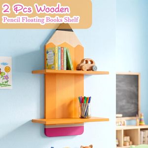 Pencil Shaped Wooden Wall <b>Shelf</b> For Kids Room Storage Organizer With Two Layers Durable Solid Wood Mounting - Product Image 4