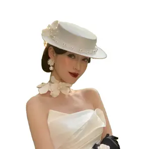 HM238 klasik sevimli zarif düğün beyaz düz şapka inci boncuk ipek çiçek gelin fascinator
