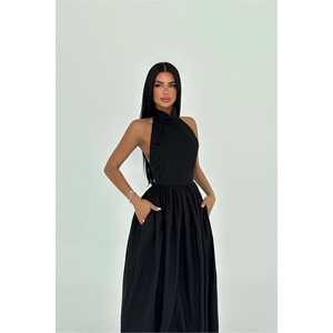 Black Tania Satin <b>Dress</b> Crocheted 3D Embroidered Evening A-Line <b>High</b> Spaghetti Strap Empire <b>Waist</b> Simple Formal Party XS XL - Product Image 2