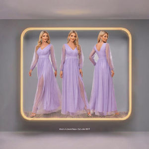 فستان سهرة فاخر مبطن بالكامل للنساء بخصر إمبراطوري وياقة على شكل V وظهر مكشوف من التول اللامع بتصميم A-line لحفلات الزفاف وإشبينات العروس مزين بالترتر - Product Image 3