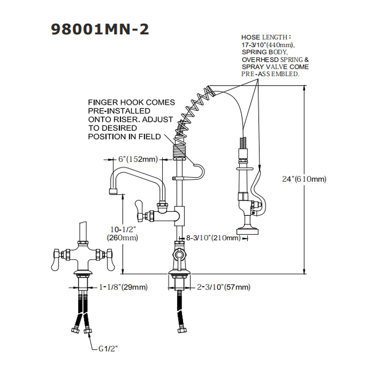 98001MN-2 Popular Mini Deck Mounted High Pressure Pre-rinse Unit Faucet with 6'' Add-on Swing Nozzle