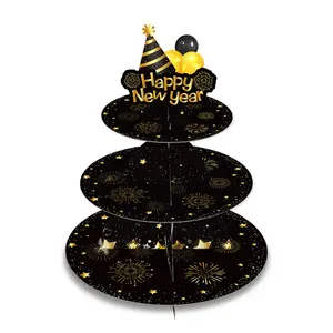 Huancai Dekorasi Kue Tahun Baru, Dudukan Cupcake 3 Tingkat Emas Hitam, Dekorasi Pesta Tahun Baru untuk Perlengkapan Pesta Tahun Baru