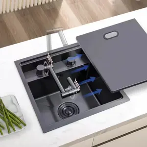 Manufacture Hidden Black Stainless Steel Kitchen Sink Single Bar Small Size Concealed Balcony Sink With Folding Faucet