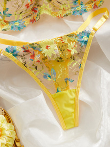 Ensemble de lingerie sexy pour femmes, transparent, brodé de fleurs, en maille, avec soutien-gorge à armatures et culotte en dentelle jaune - Product Image 6