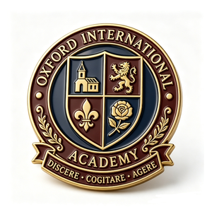 Insignia circular de aleación de zinc chapada en oro de la Academia Internacional de Oxford, con esmalte duro y grabado, artículo coleccionable. - Product Image 5