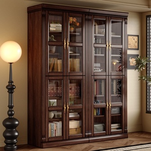 Bibliothèque de style américain antique en bois de noyer massif avec porte en verre et rangement à tiroirs pour salon ou bibliothèque à domicile - Product Image 2