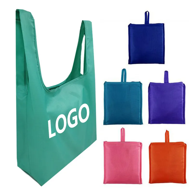 hot Sturdy Supermarket Portable Pocket Recyclable Waterproof Storage 190t Polyester Portable Folding Shopping Bag
