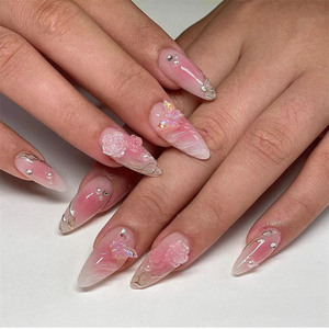 Juego de 10 <span class=keywords><strong>Uñas</strong></span> Postizas Acrílicas con Diseño de Flor Dorada Tridimensional, Forma de Almendra, Cobertura Total - Product Image 6