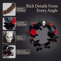 Couronne d'Halloween directement de l'usine, tête de mort, rose noire, fleur artificielle pour porte d'entrée, décoration murale, ornement festif effrayant